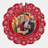 私たちの初めてのクリスマスカップル写真の雪の結晶レッド オーナメントカード (正面)