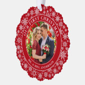 私たちの初めてのクリスマスカップル写真の雪の結晶レッド オーナメントカード (左)