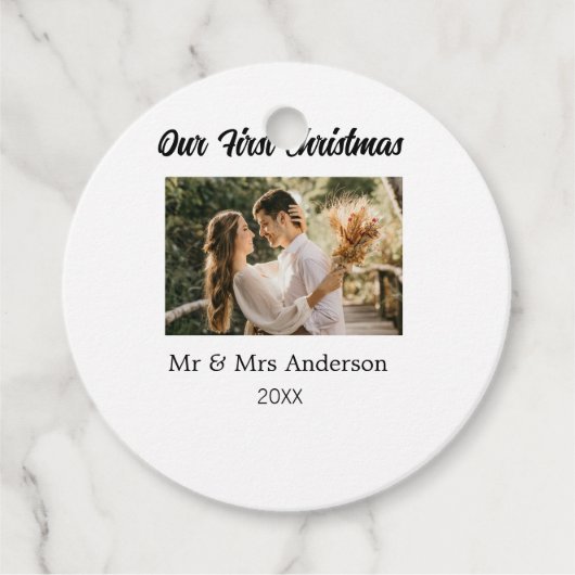 私たちの初めてのクリスマスカップル写真 名前 ミスター&ミセス モッド フェイバータグ (正面)