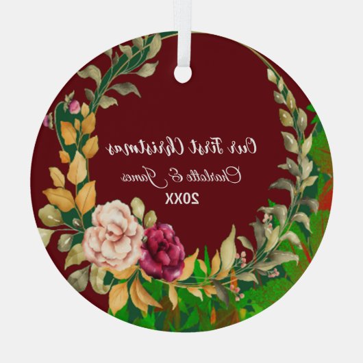 私たちの初めてのクリスマスグリーンリースカスタムカップル ガラスオーナメント (裏面)