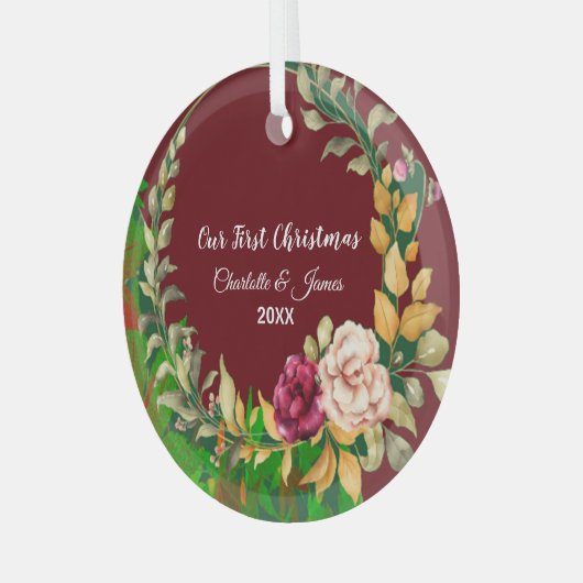 私たちの初めてのクリスマスグリーンリースカスタムカップル ガラスオーナメント (正面左)