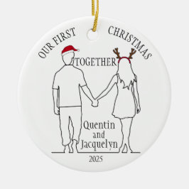 私たちの初めてのクリスマスズ一緒にサンタハット&〔雄ジカの〕枝角 セラミックオーナメント