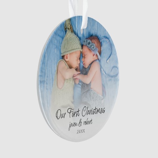 私たちの初めてのクリスマスツインズ名フォトオーバーレイ オーナメント (正面)