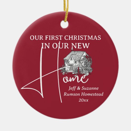 私たちの初めてのクリスマスニューホームコテージ写真 セラミックオーナメント (正面)