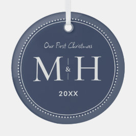 私たちの初めてのクリスマスニューライウィズモノグラムネイビーブルー ガラスオーナメント