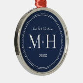 私たちの初めてのクリスマスニューライウィズモノグラムネイビーブルー メタルオーナメント (右)