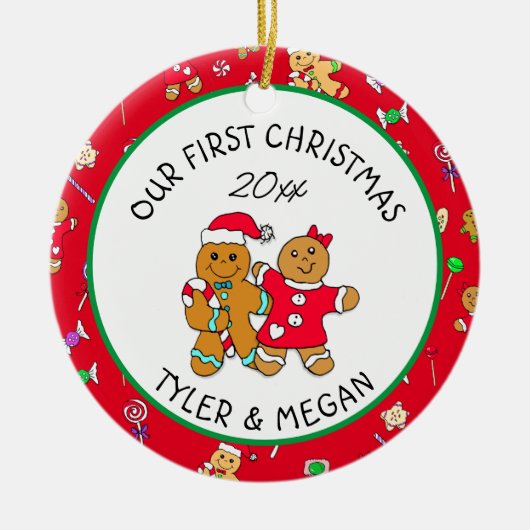 私たちの初めてのクリスマスパーソナライズされた セラミックオーナメント (正面)