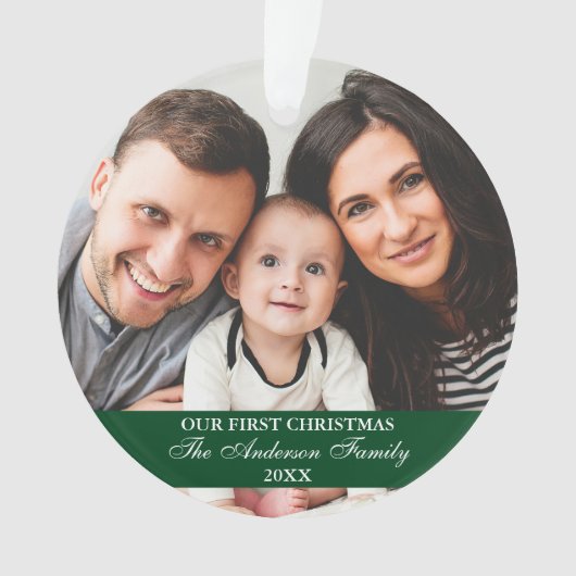 私たちの初めてのクリスマスファミリーフォトグリーン オーナメント (正面)