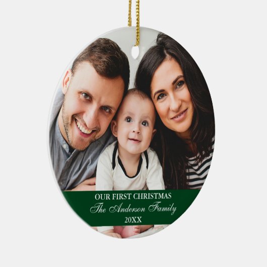私たちの初めてのクリスマスファミリーフォトグリーン セラミックオーナメント (右)