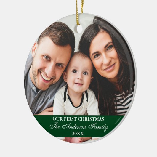 私たちの初めてのクリスマスファミリーフォトグリーン セラミックオーナメント (左)