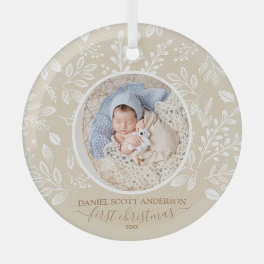 私たちの初めてのクリスマスフォトアイボリー ガラスオーナメント (正面)