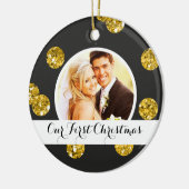私たちの初めてのクリスマスフォトオーナメント |金ゴールドドット セラミックオーナメント (左)