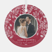 私たちの初めてのクリスマスフォトクランベリー ガラスオーナメント (正面)