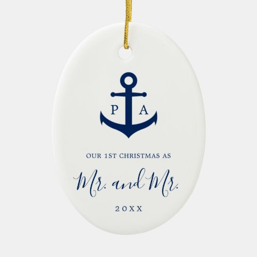 私たちの初めてのクリスマスフォトモノグラム航海のゲイ セラミックオーナメント (正面)