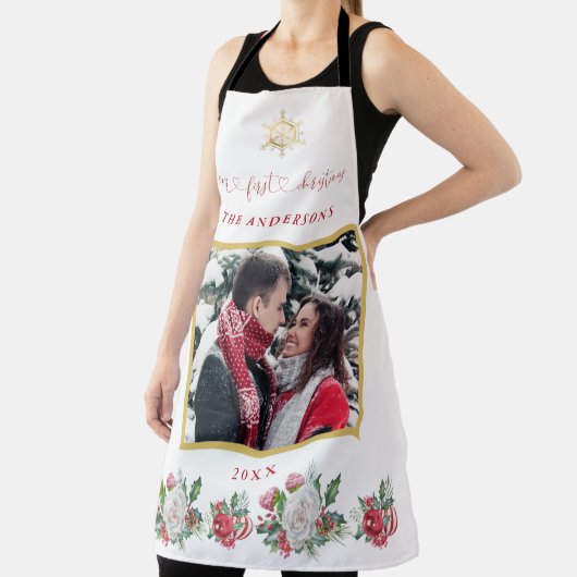 私たちの初めてのクリスマスフローラスノーフレーク結婚写真 エプロン (インサイチュ)
