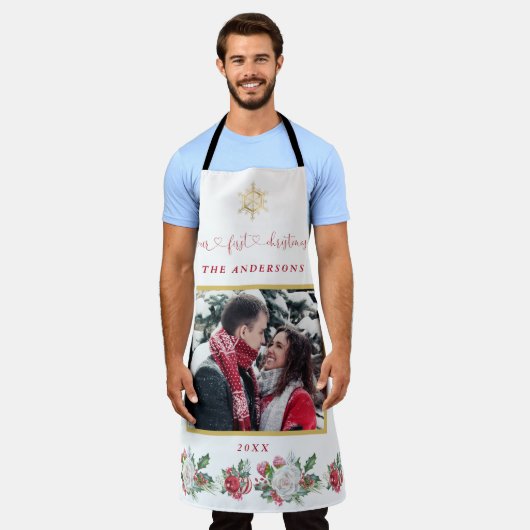私たちの初めてのクリスマスフローラスノーフレーク結婚写真 エプロン (着用した状態)
