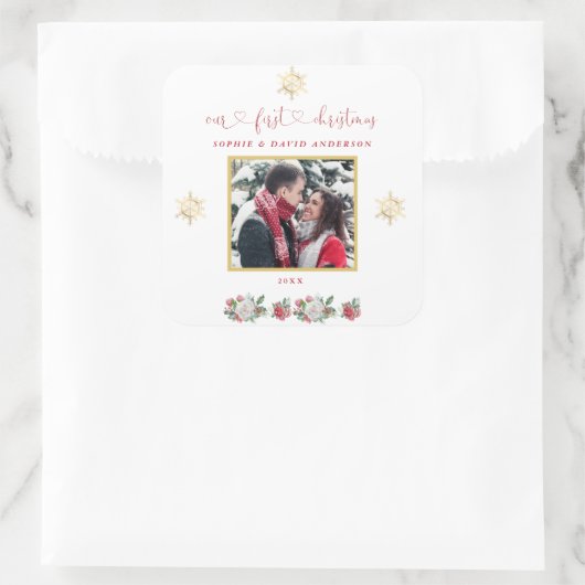 私たちの初めてのクリスマスフローラスノーフレーク結婚写真 スクエアシール (バッグ)