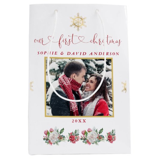 私たちの初めてのクリスマスフローラスノーフレーク結婚写真 ミディアムペーパーバッグ (正面)