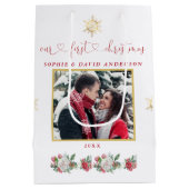 私たちの初めてのクリスマスフローラスノーフレーク結婚写真 ミディアムペーパーバッグ (裏面)