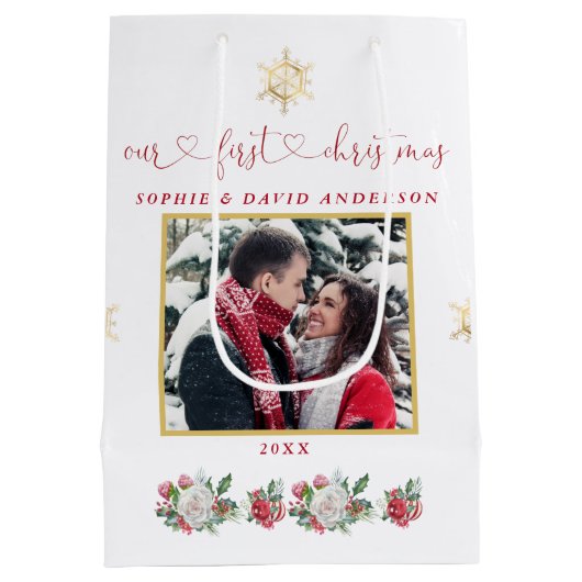 私たちの初めてのクリスマスフローラスノーフレーク結婚写真 ミディアムペーパーバッグ (裏面)