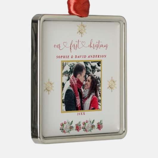 私たちの初めてのクリスマスフローラスノーフレーク結婚写真 メタルオーナメント (右)