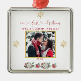 私たちの初めてのクリスマスフローラスノーフレーク結婚写真 メタルオーナメント