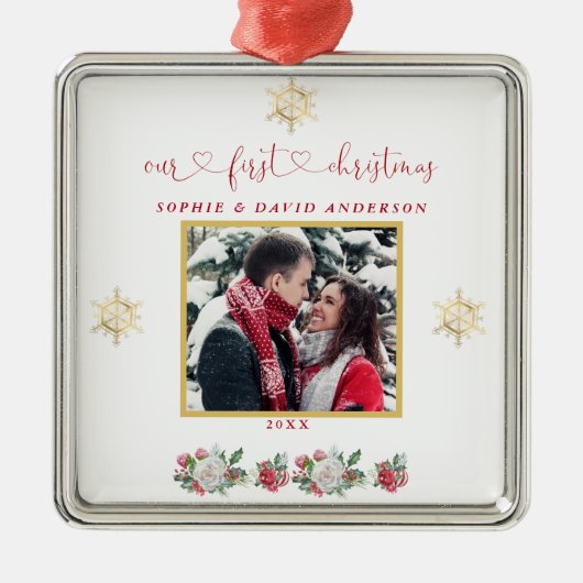 私たちの初めてのクリスマスフローラスノーフレーク結婚写真 メタルオーナメント (正面)