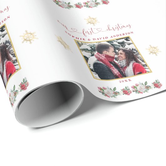私たちの初めてのクリスマスフローラスノーフレーク結婚写真 ラッピングペーパー (ロールコーナー)