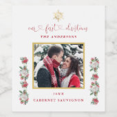 私たちの初めてのクリスマスフローラスノーフレーク結婚写真 ワインラベル (シングルラベル)