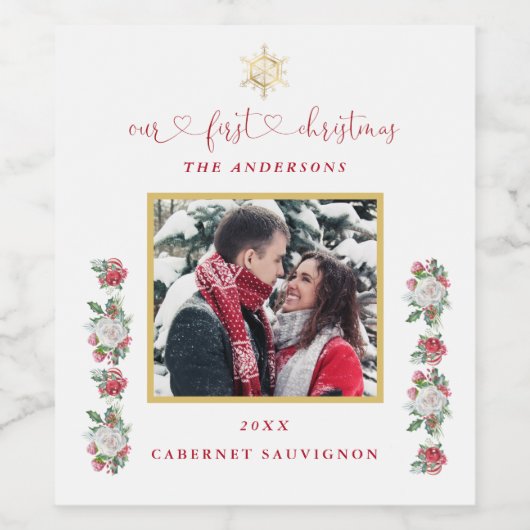 私たちの初めてのクリスマスフローラスノーフレーク結婚写真 ワインラベル (シングルラベル)