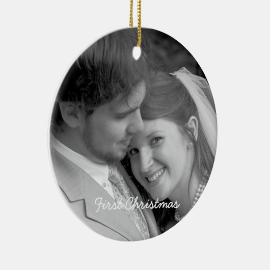 私たちの初めてのクリスマスブラックダマスクフォトオーナメント セラミックオーナメント (右)