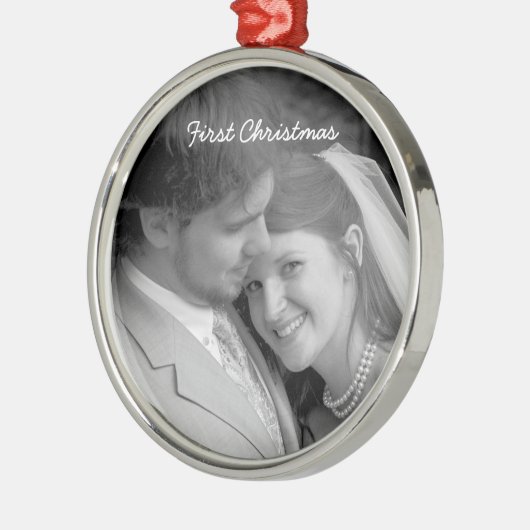 私たちの初めてのクリスマスブラックダマスクフォトオーナメント メタルオーナメント (左)