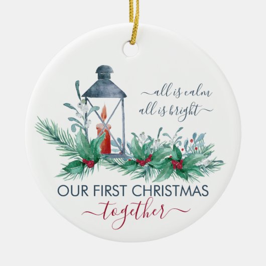 私たちの初めてのクリスマスホリーとキャンドルライトランタン セラミックオーナメント (正面)