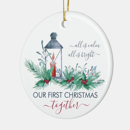 私たちの初めてのクリスマスホリーとキャンドルライトランタン セラミックオーナメント (左)