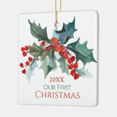 私たちの初めてのクリスマスホリーと名前の付いた果実 セラミックオーナメント (左)