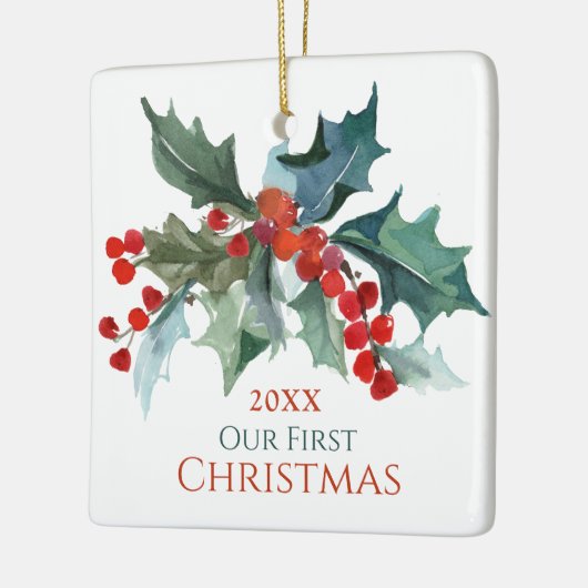私たちの初めてのクリスマスホリーと名前の付いた果実 セラミックオーナメント (左)