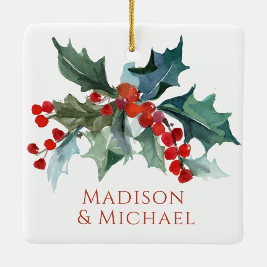 私たちの初めてのクリスマスホリーと名前の付いた果実 セラミックオーナメント (裏面)
