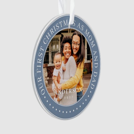 私たちの初めてのクリスマスママとパパシンプル写真 オーナメント (正面)