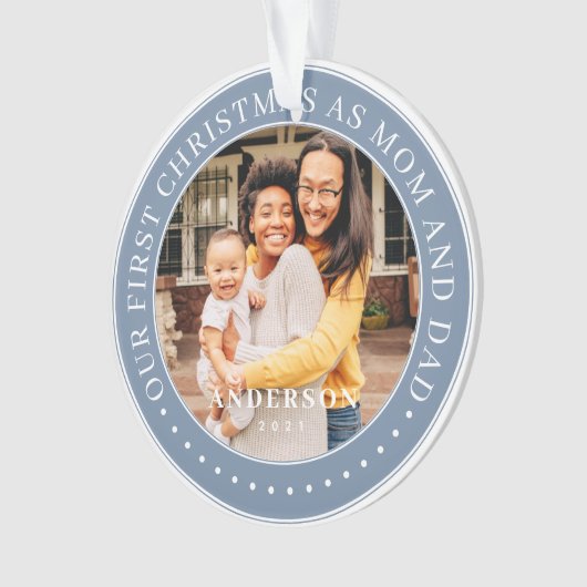 私たちの初めてのクリスマスママとパパシンプル写真 オーナメント (正面)