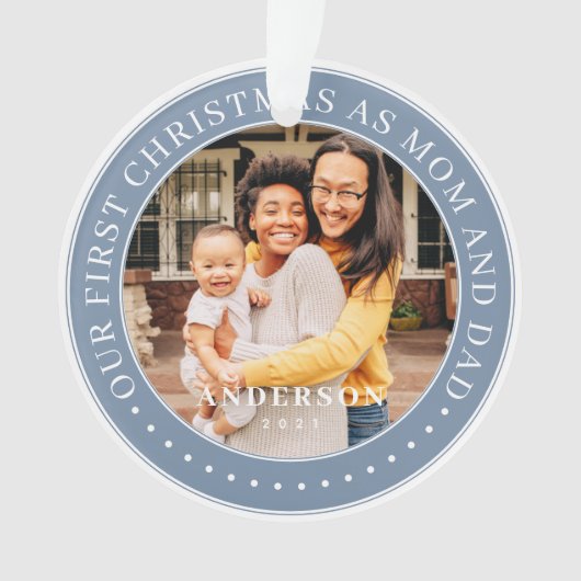 私たちの初めてのクリスマスママとパパシンプル写真 オーナメント (正面)