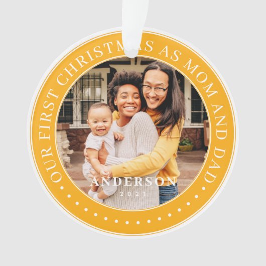 私たちの初めてのクリスマスママとパパシンプル写真 オーナメント (正面)