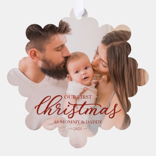 私たちの初めてのクリスマスママとパパベビー写真 オーナメントカード (裏面)