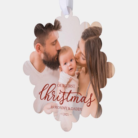 私たちの初めてのクリスマスママとパパベビー写真 オーナメントカード (左)