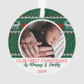 私たちの初めてのクリスマスママとパパベビー2写真 オーナメント (裏面)
