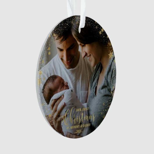 私たちの初めてのクリスマスママとパパ金箔の写真 オーナメント (正面)