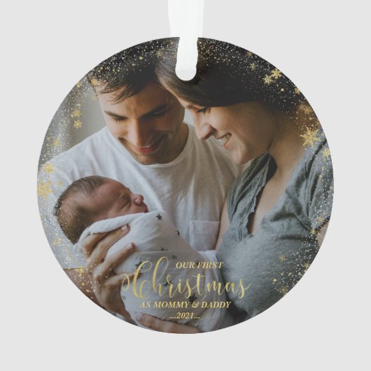 私たちの初めてのクリスマスママとパパ金箔の写真 オーナメント (裏面)