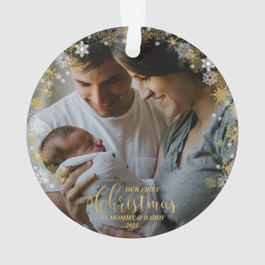 私たちの初めてのクリスマスママとパパ金箔の写真 オーナメント (裏面)