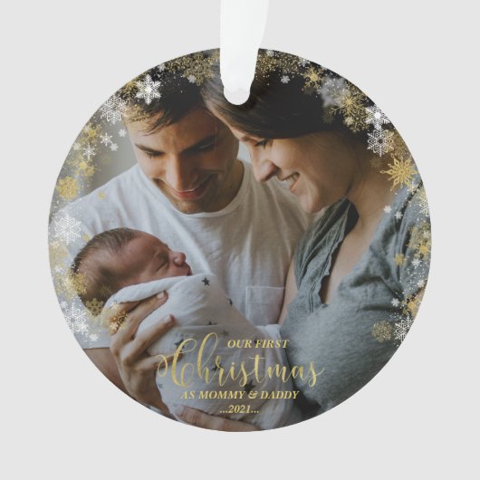私たちの初めてのクリスマスママとパパ金箔の写真 オーナメント (正面)