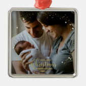 私たちの初めてのクリスマスママとパパ金箔の写真 メタルオーナメント (正面)