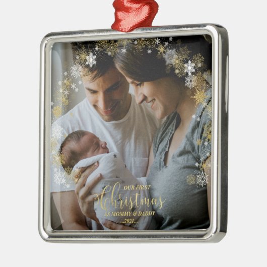 私たちの初めてのクリスマスママとパパ金箔の写真 メタルオーナメント (左)